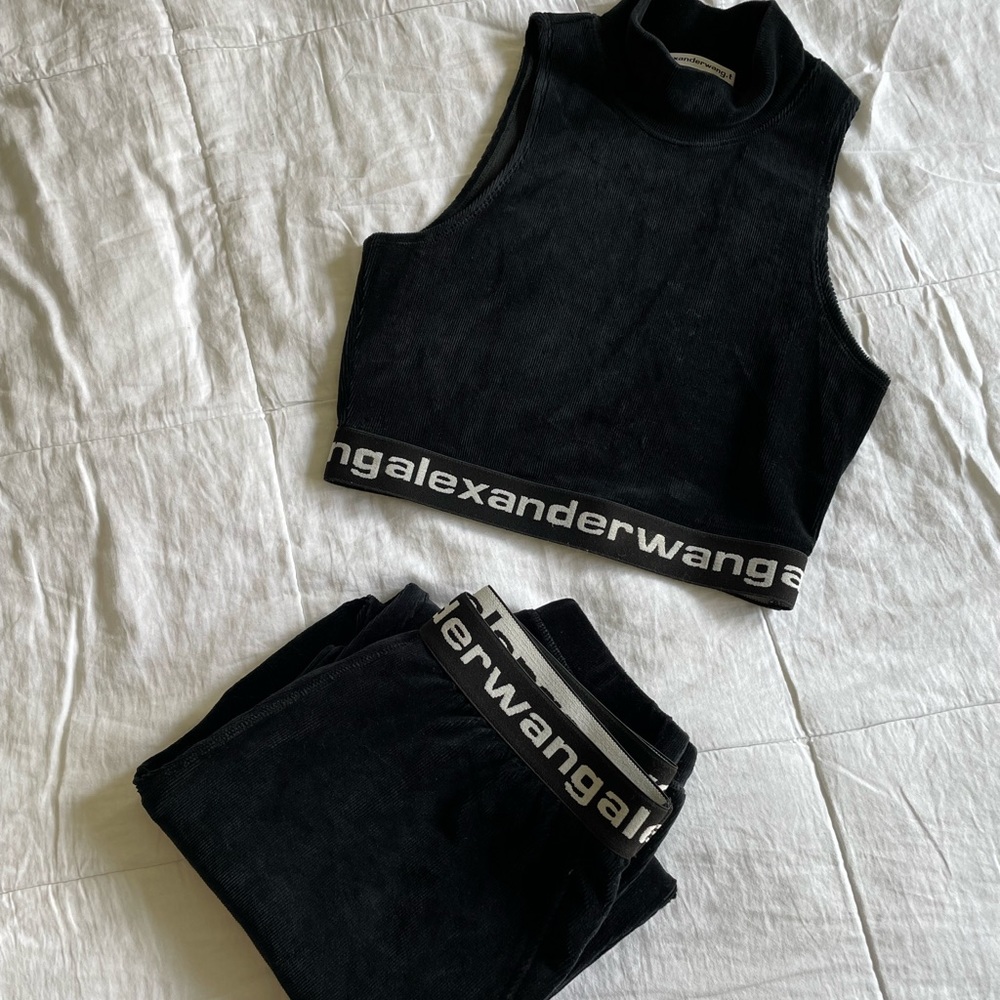 Alexander Wang Black Logo Waistband Track Joggers & Cropped Tank Set